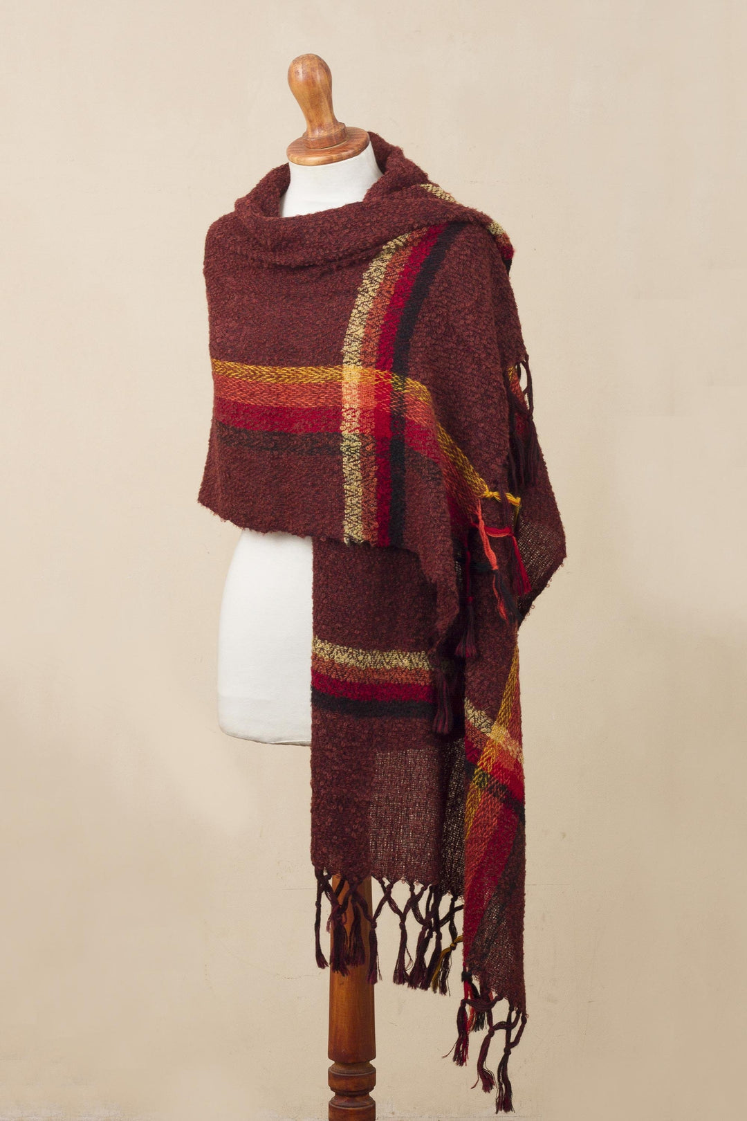 Handwoven Alpaca Blend Shawl in Burgundy from Peru - Burgundy Elegance
