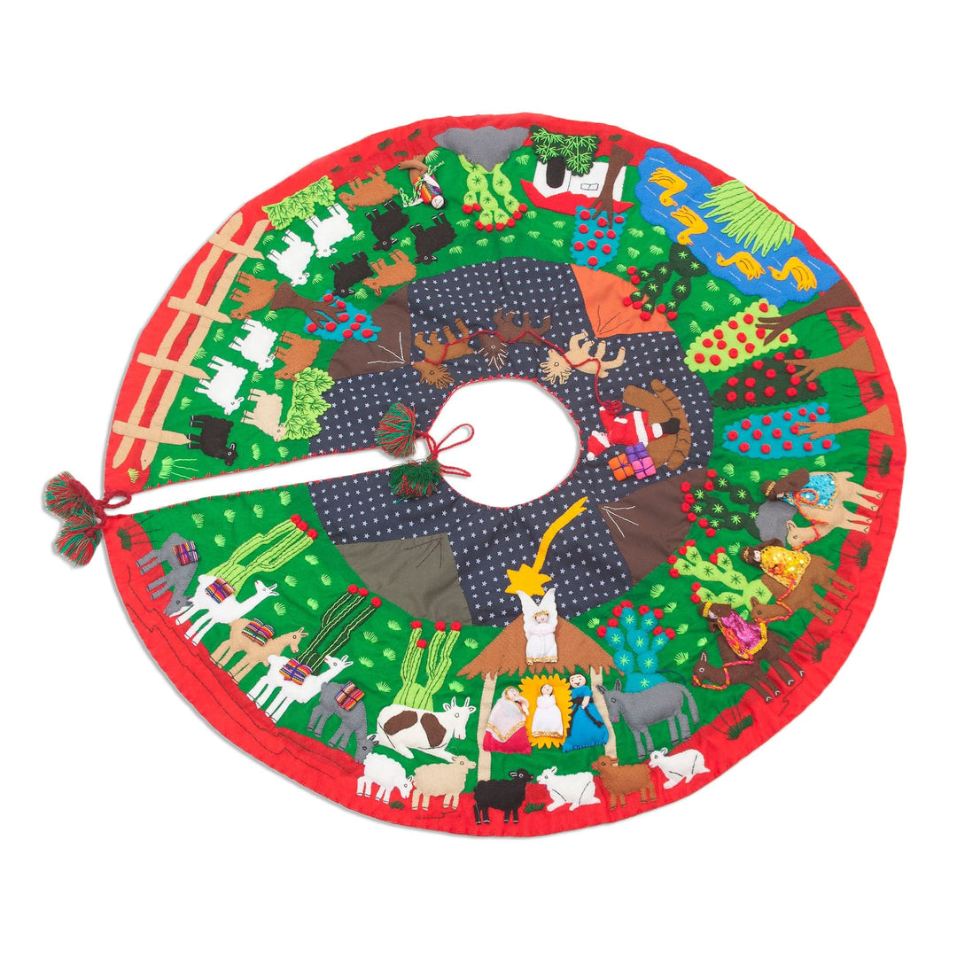 Christmas-Themed Cotton Blend Applique Tree Skirt from Peru - Christmas Time
