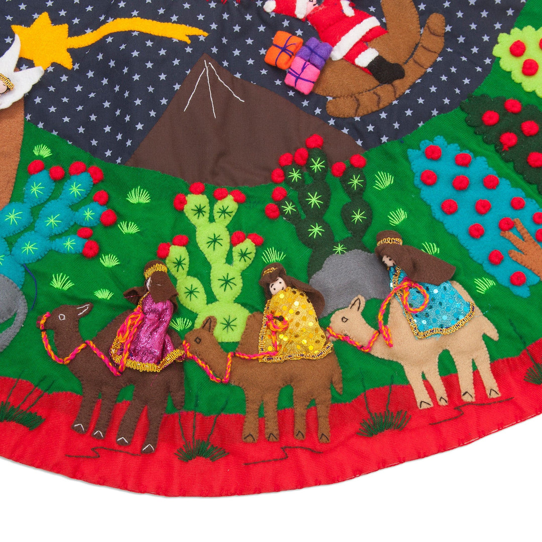 Christmas-Themed Cotton Blend Applique Tree Skirt from Peru - Christmas Time