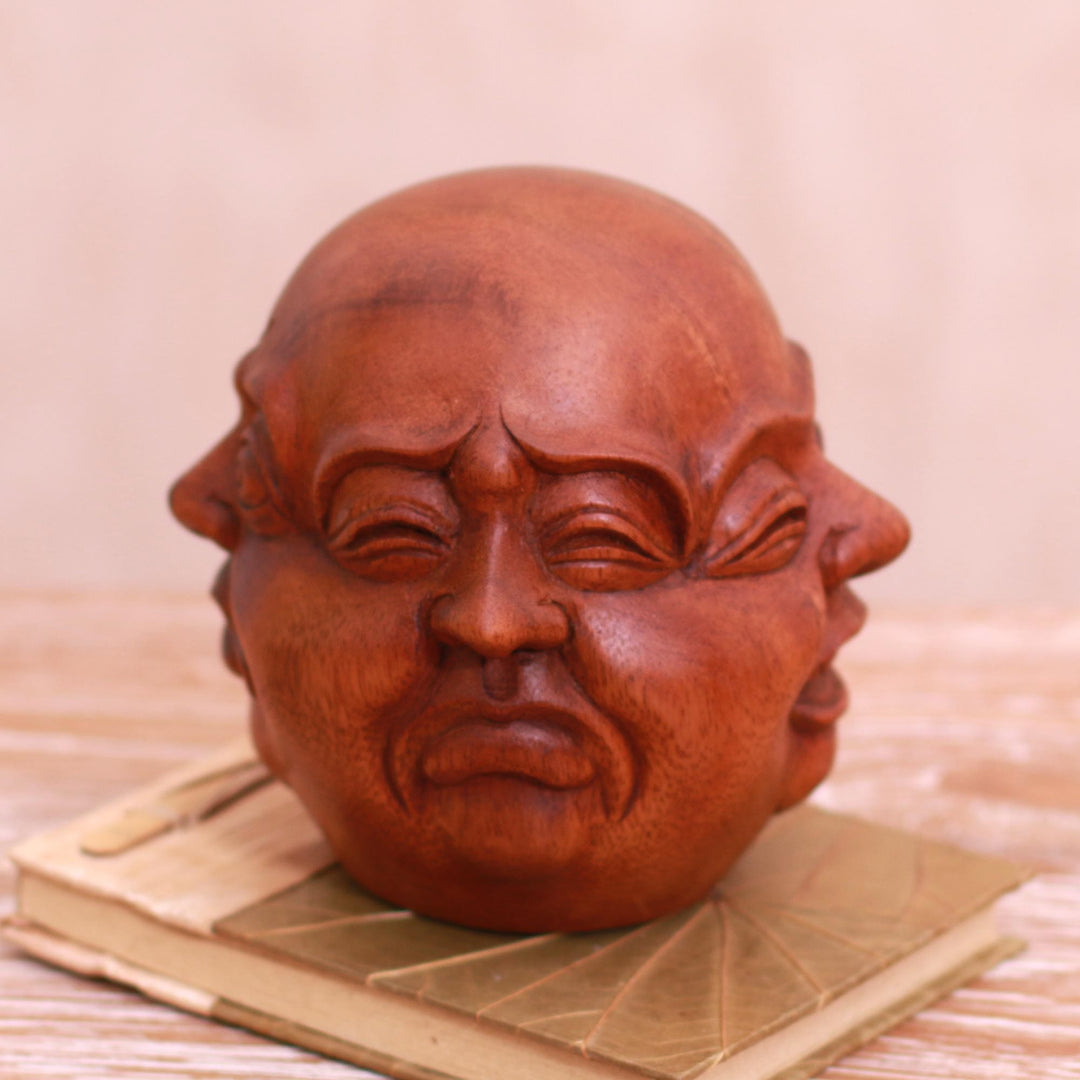 Four-Faced Suar Wood Sculpture Crafted in Bali - Expressive Catur Muka