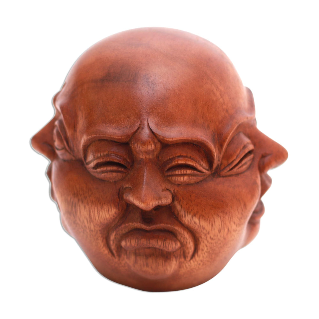 Four-Faced Suar Wood Sculpture Crafted in Bali - Expressive Catur Muka