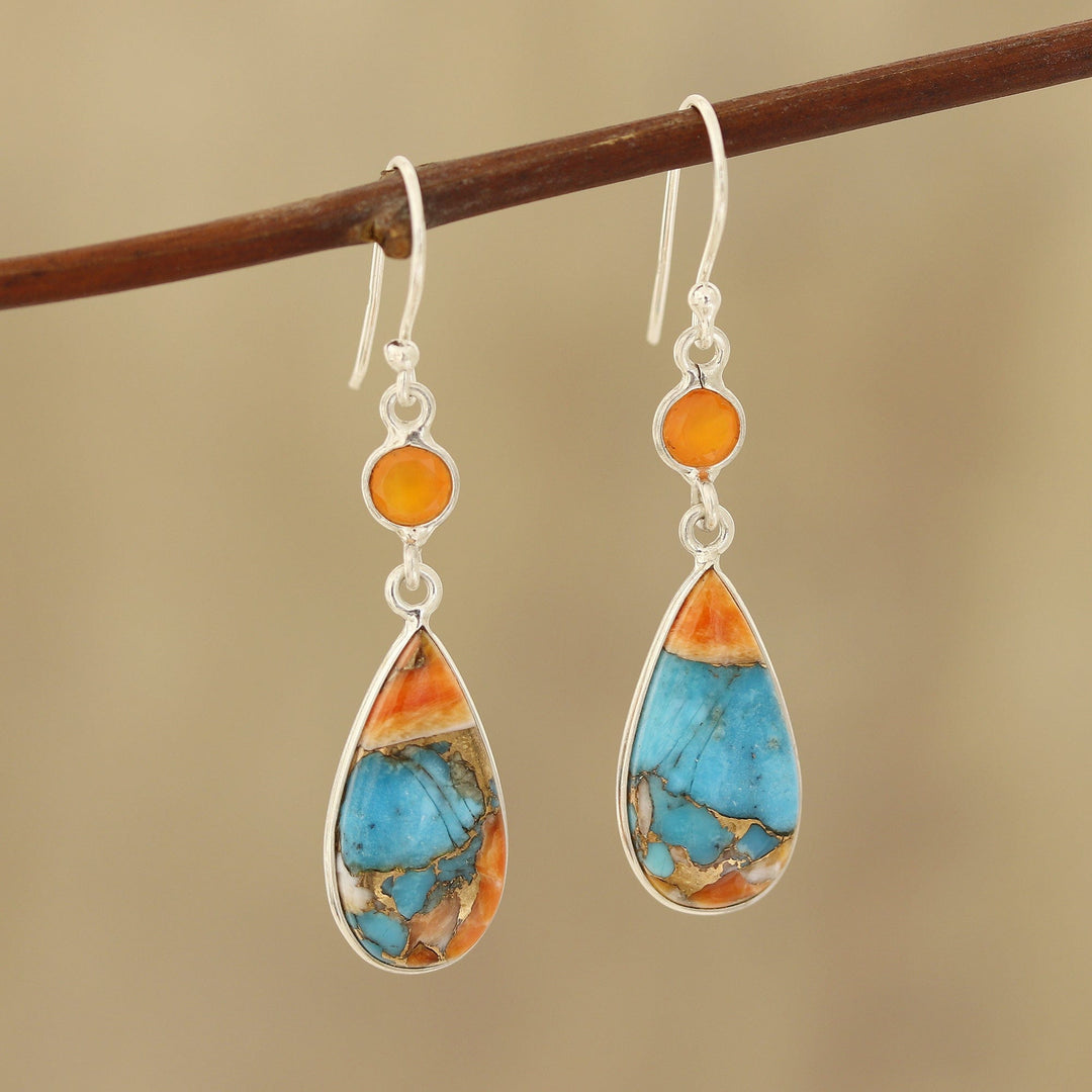 Carnelian and Composite Turquoise Dangle Earrings from India - Teardrop Glamour