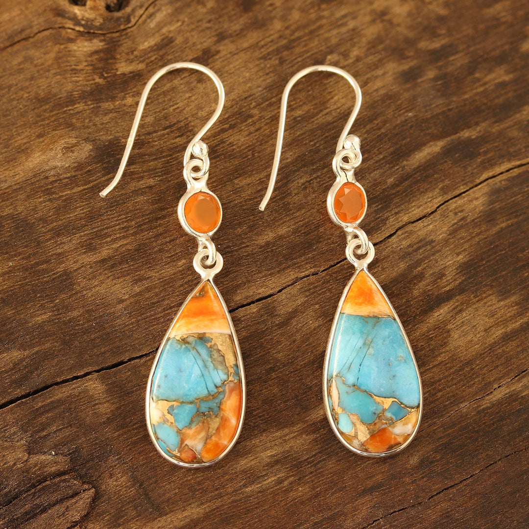 Carnelian and Composite Turquoise Dangle Earrings from India - Teardrop Glamour