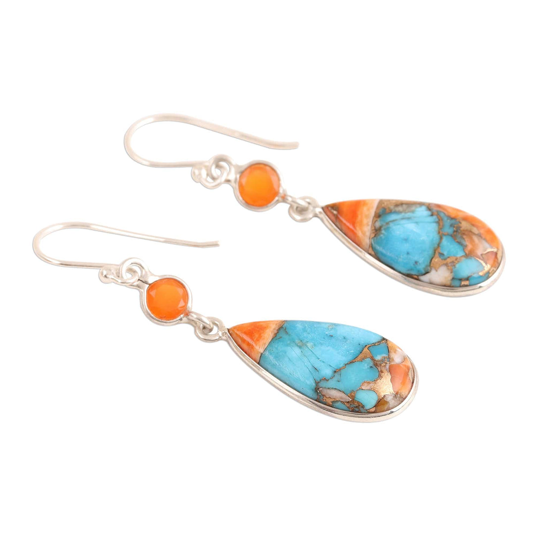 Carnelian and Composite Turquoise Dangle Earrings from India - Teardrop Glamour