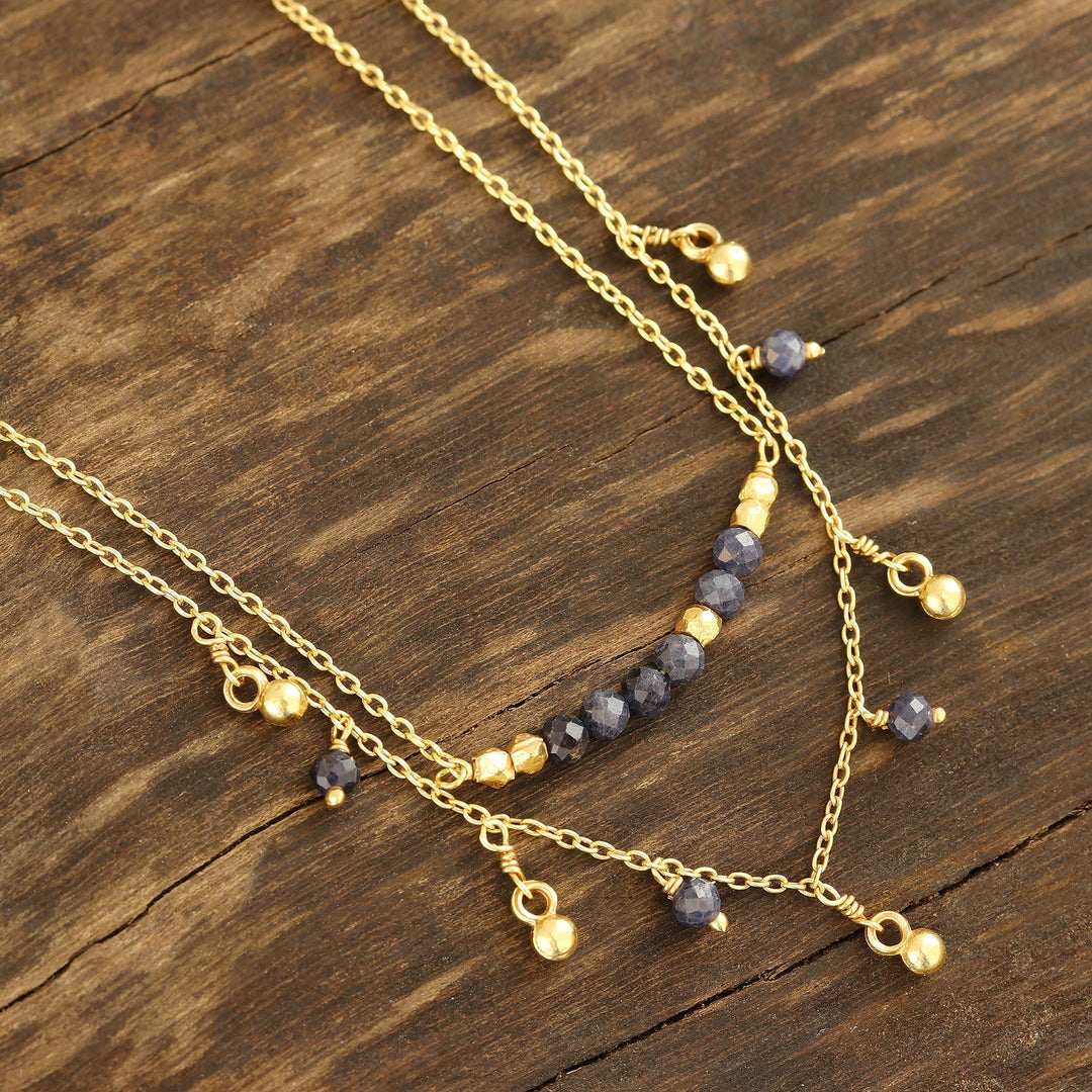 Gold Plated Iolite Beaded Pendant Necklace - Glorious Dance
