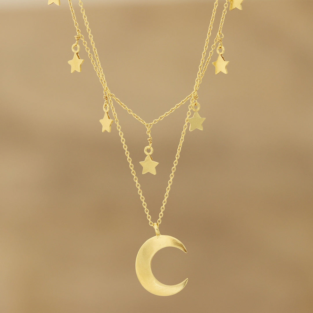 Gold Plated Sterling Silver Moon and Star Necklace - Celestial Gleam