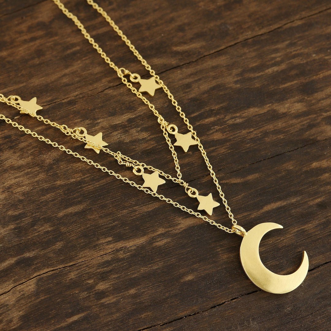 Gold Plated Sterling Silver Moon and Star Necklace - Celestial Gleam