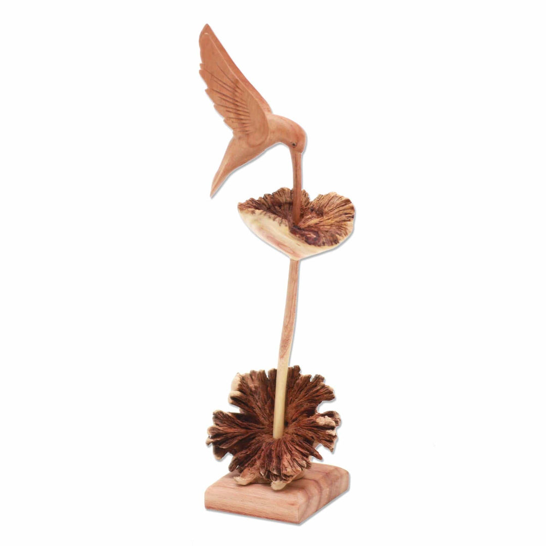 Wood Hummingbird Sculpture Crafted in Bali - Sipping Hummingbird