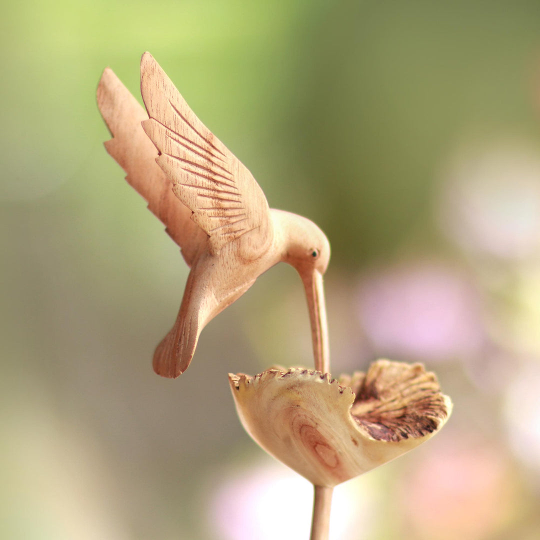 Wood Hummingbird Sculpture Crafted in Bali - Sipping Hummingbird
