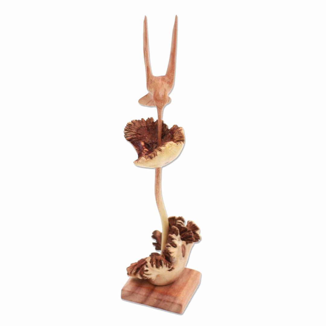 Wood Hummingbird Sculpture Crafted in Bali - Sipping Hummingbird