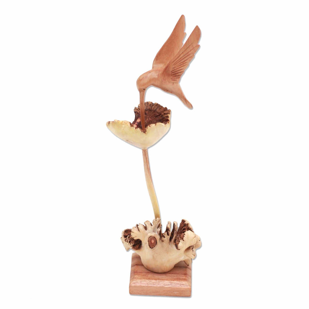 Wood Hummingbird Sculpture Crafted in Bali - Sipping Hummingbird