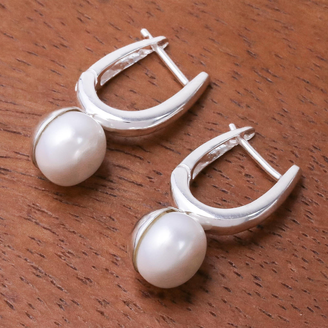 Round Cultured Pearl Drop Earrings from Thailand - Wintry Orbs