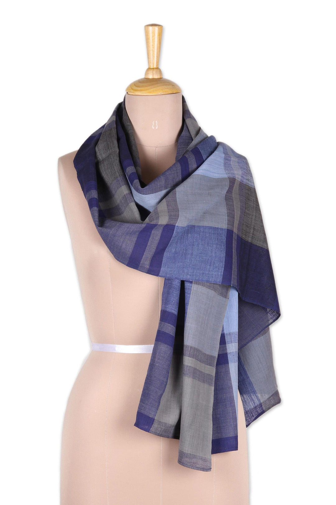 Blue and Grey Patterned Cotton Shawl from India - Classic Blue