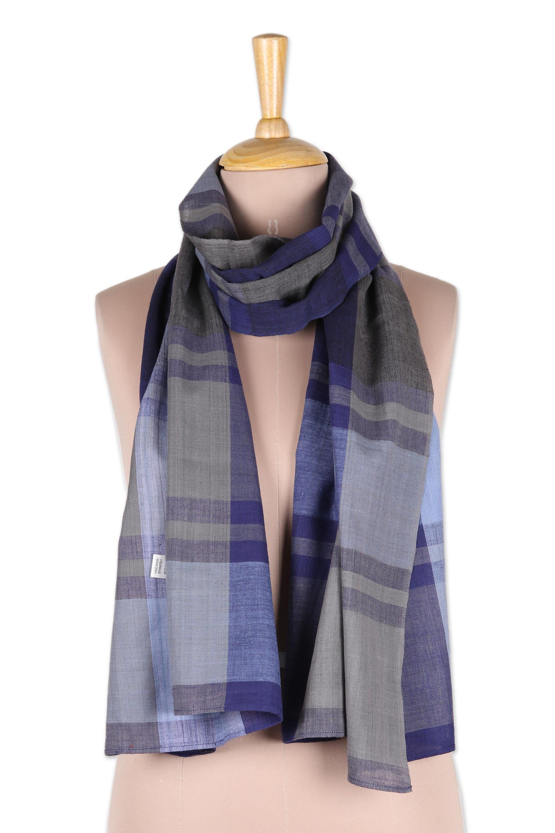 Blue and Grey Patterned Cotton Shawl from India - Classic Blue