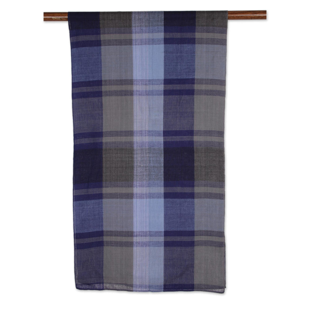 Blue and Grey Patterned Cotton Shawl from India - Classic Blue