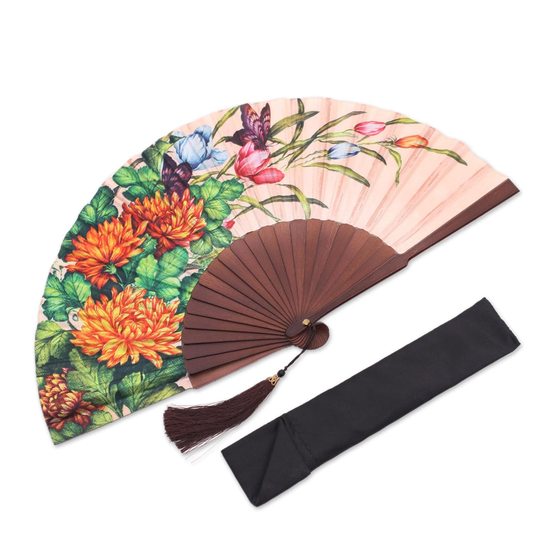 Floral Silk Hand Fan in Blush from Bali - Blush Garden