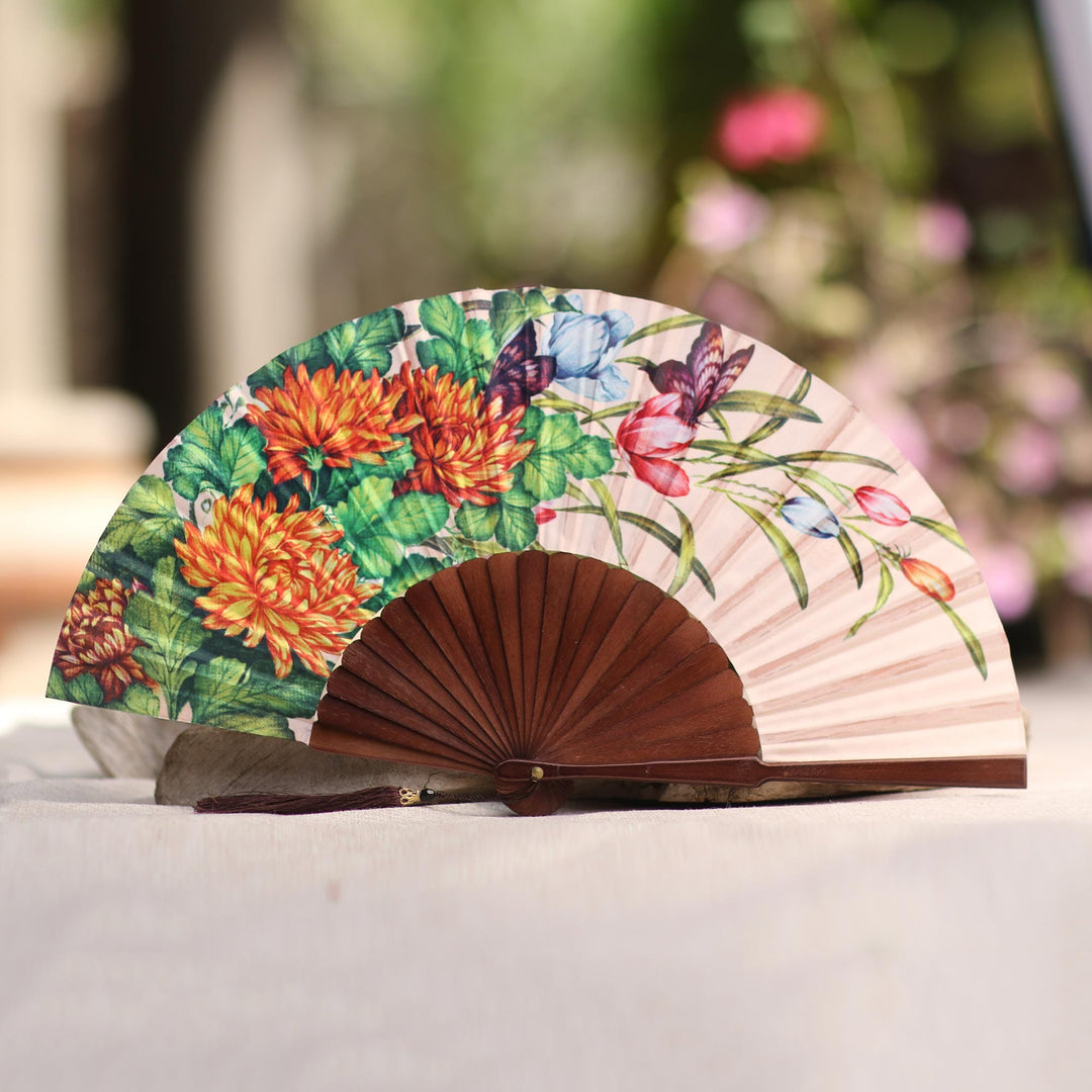 Floral Silk Hand Fan in Blush from Bali - Blush Garden