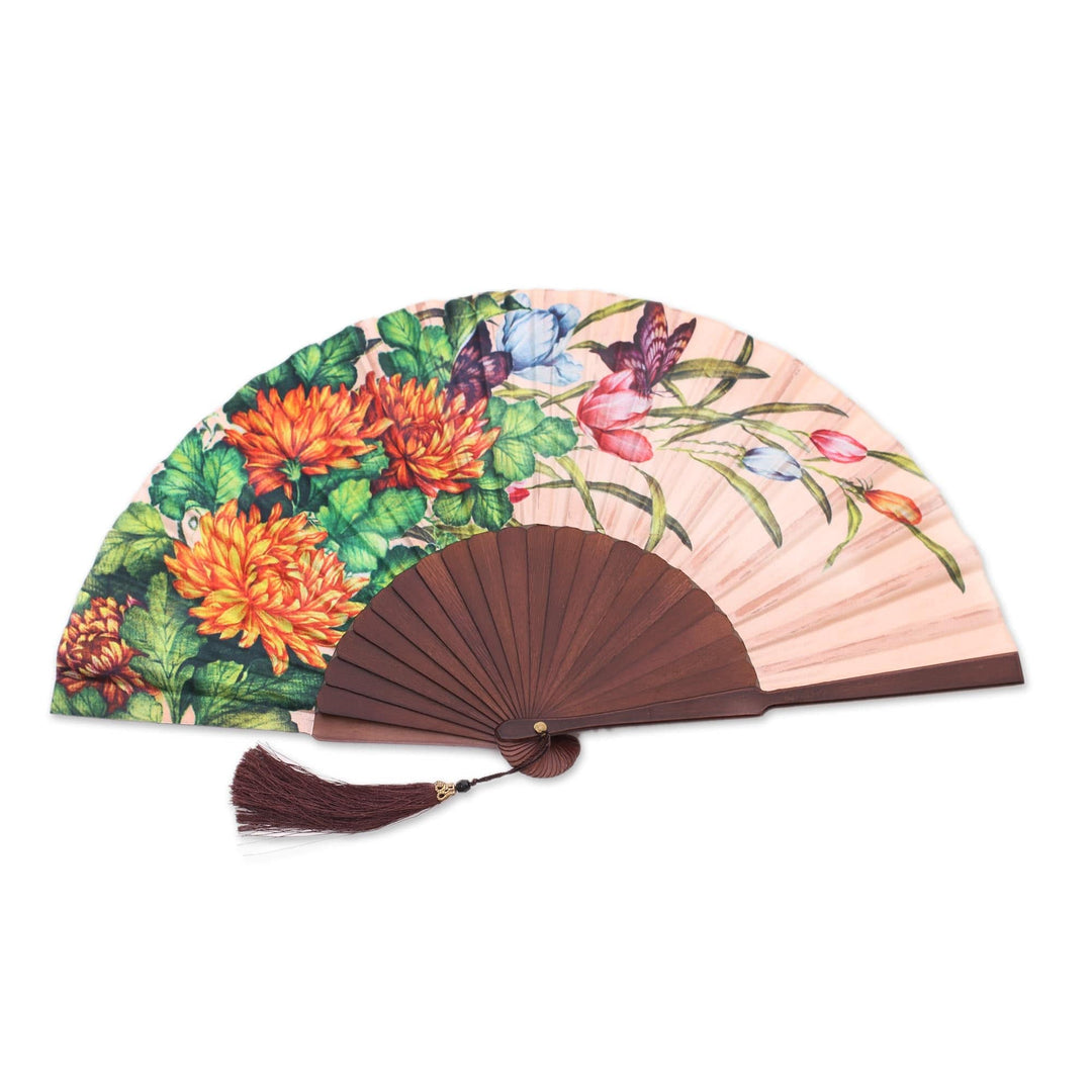 Floral Silk Hand Fan in Blush from Bali - Blush Garden