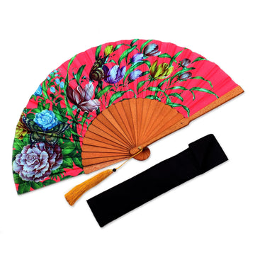 Floral Silk Hand Fan in Strawberry from Bali - Passionate Garden