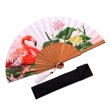Flamingo-Themes Silk Hand Fan from Bali - Cream Garden