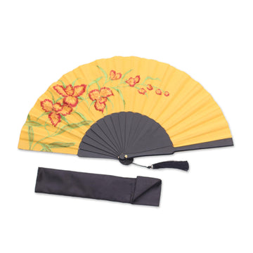 Floral Embroidered Silk Hand Fan in Amber from Bali - Amber Garden