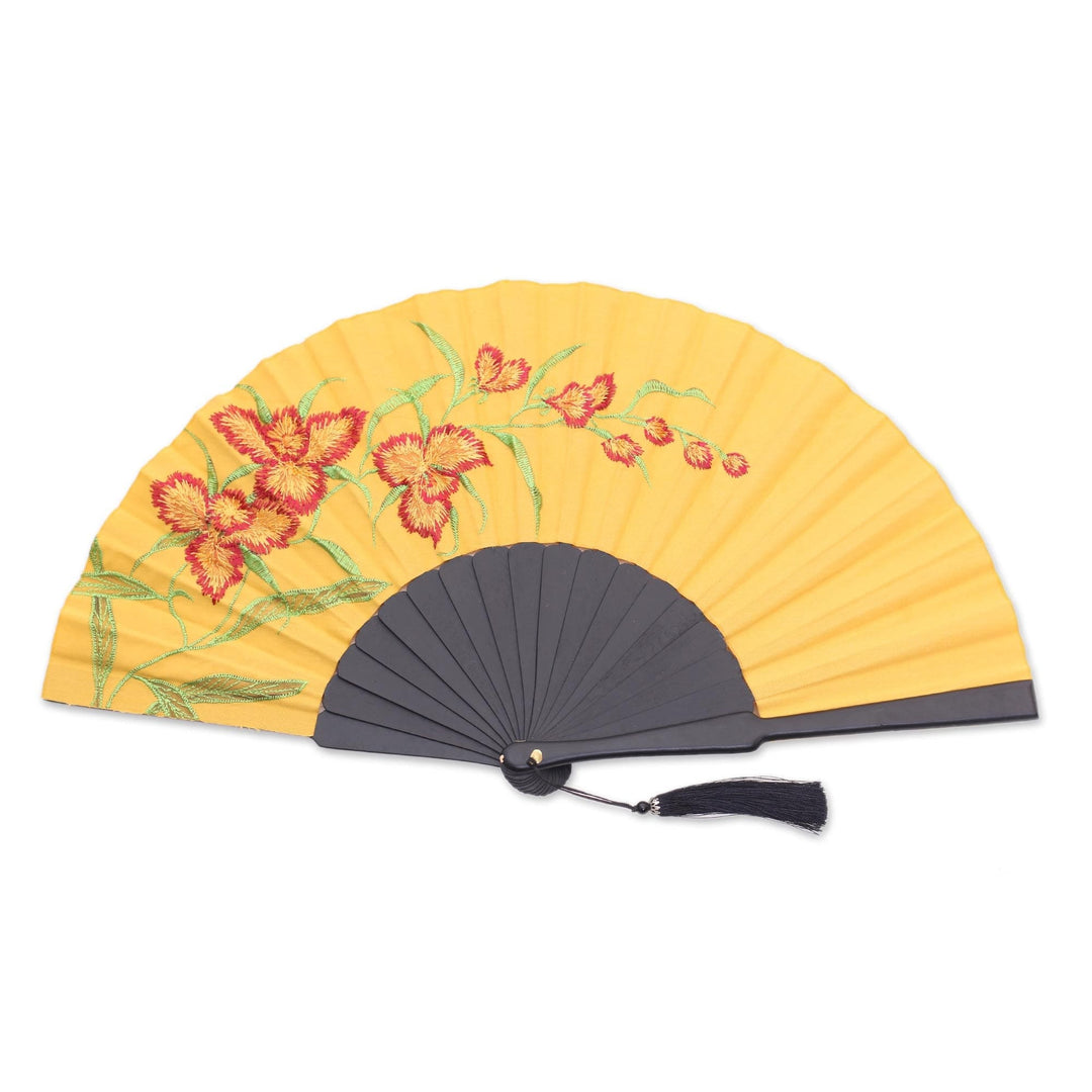 Floral Embroidered Silk Hand Fan in Amber from Bali - Amber Garden
