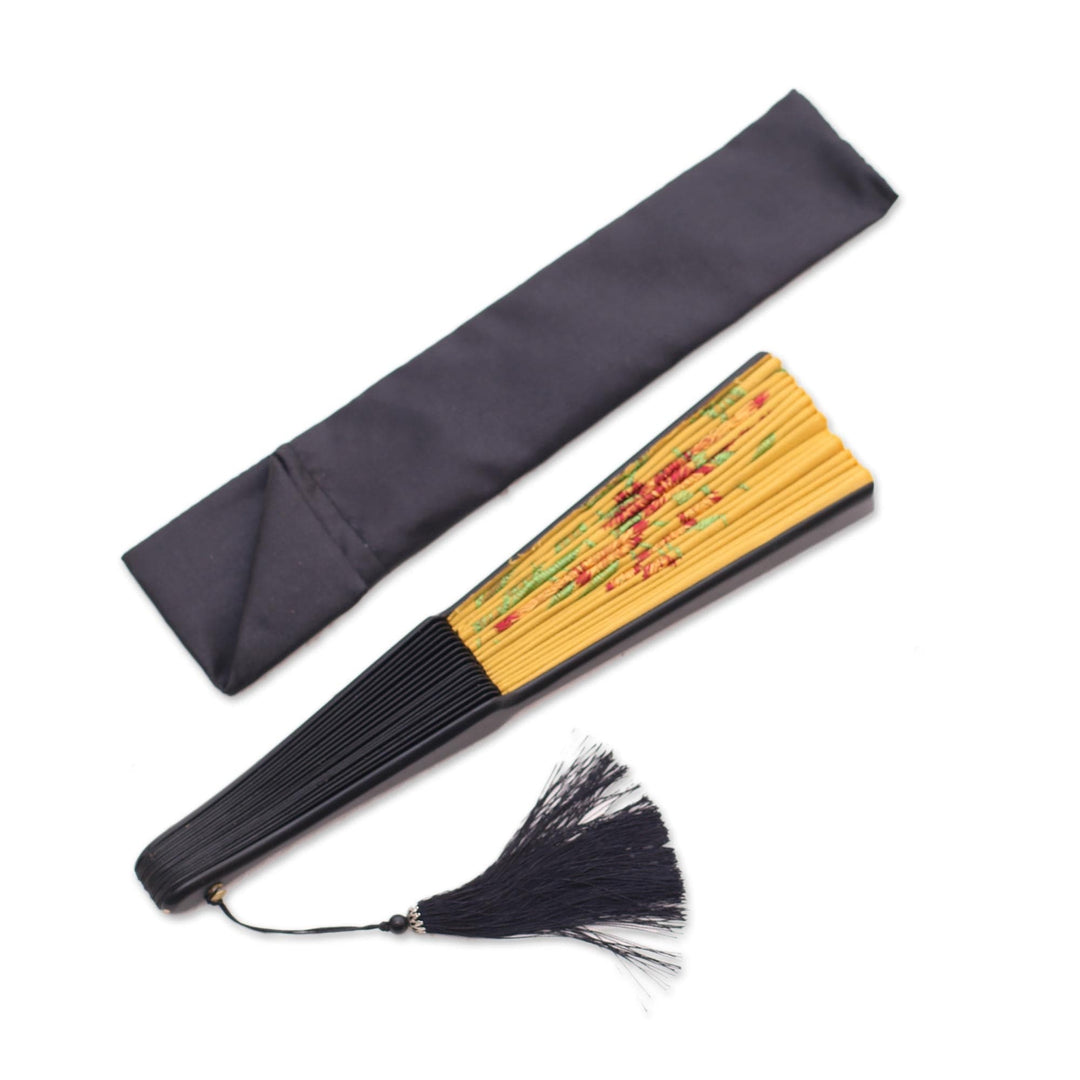 Floral Embroidered Silk Hand Fan in Amber from Bali - Amber Garden