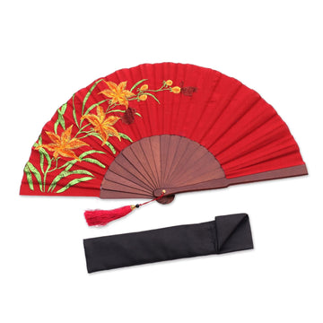 Floral Embroidered Silk Hand Fan in Crimson from Bali - Lily Garden