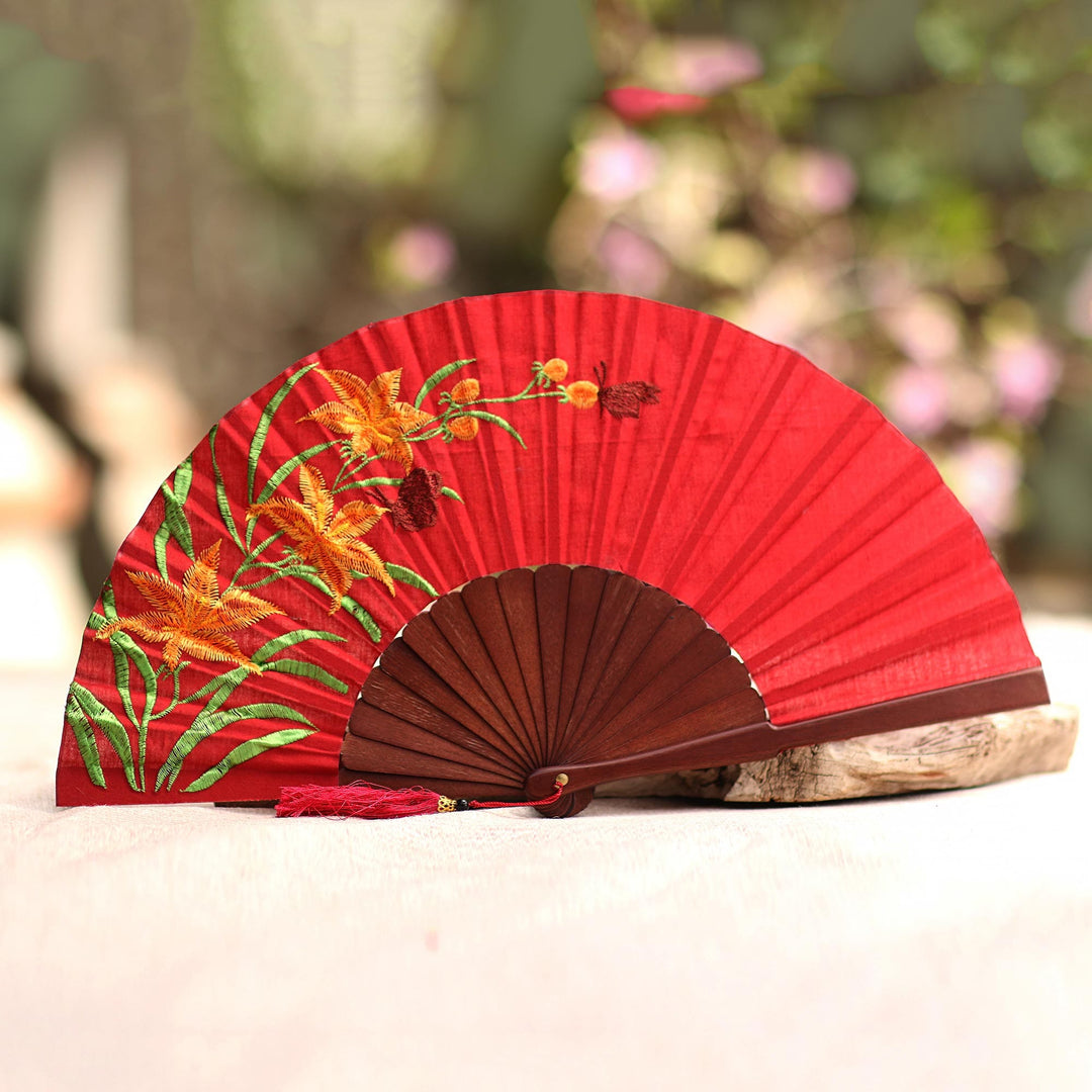 Floral Embroidered Silk Hand Fan in Crimson from Bali - Lily Garden