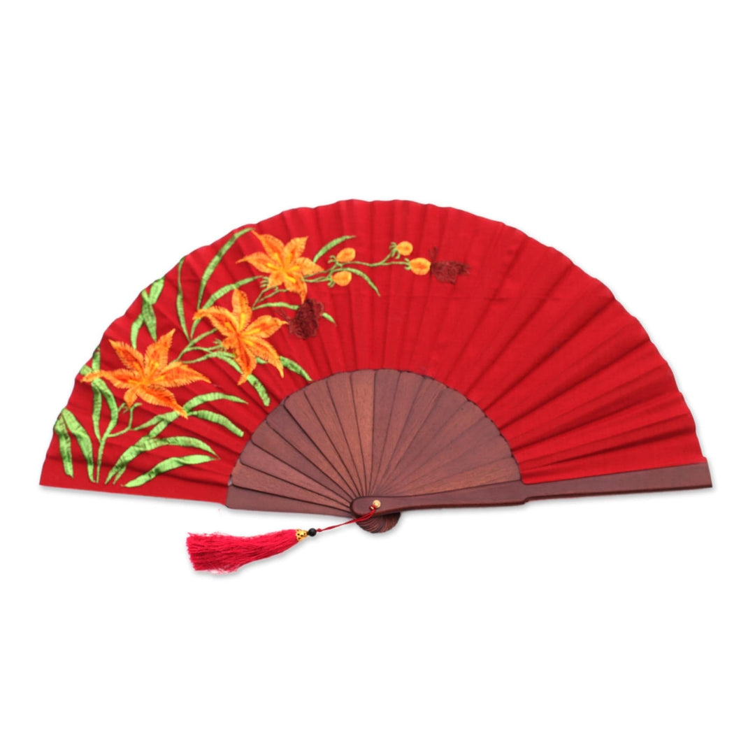 Floral Embroidered Silk Hand Fan in Crimson from Bali - Lily Garden