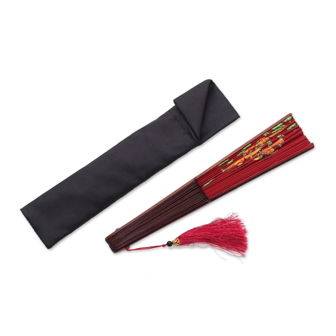 Floral Embroidered Silk Hand Fan in Crimson from Bali - Lily Garden