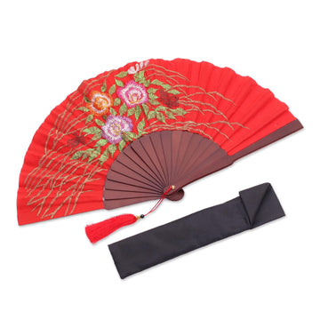 Floral Embroidered Silk Hand Fan in Poppy from Bali - Poppy Bliss