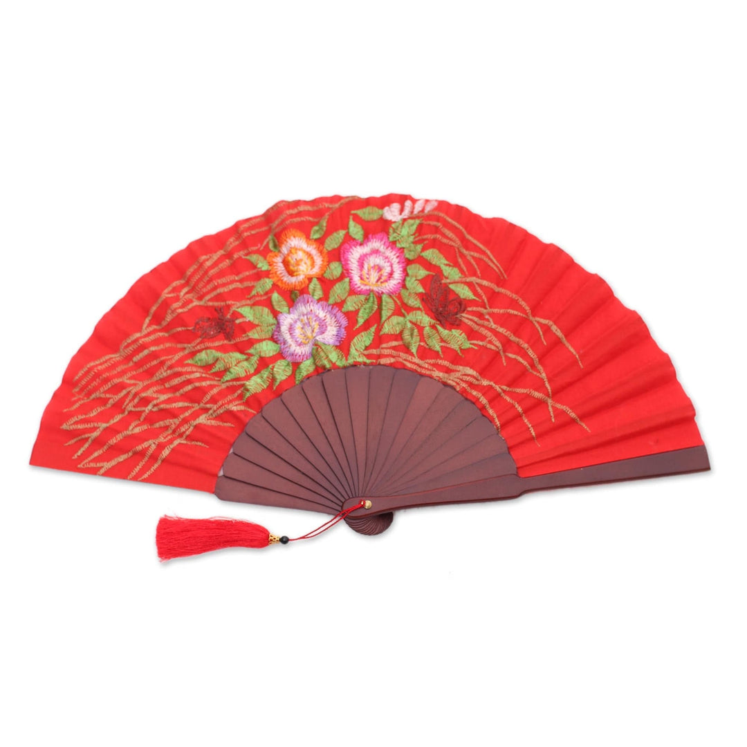 Floral Embroidered Silk Hand Fan in Poppy from Bali - Poppy Bliss