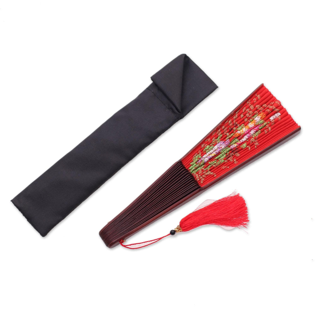 Floral Embroidered Silk Hand Fan in Poppy from Bali - Poppy Bliss