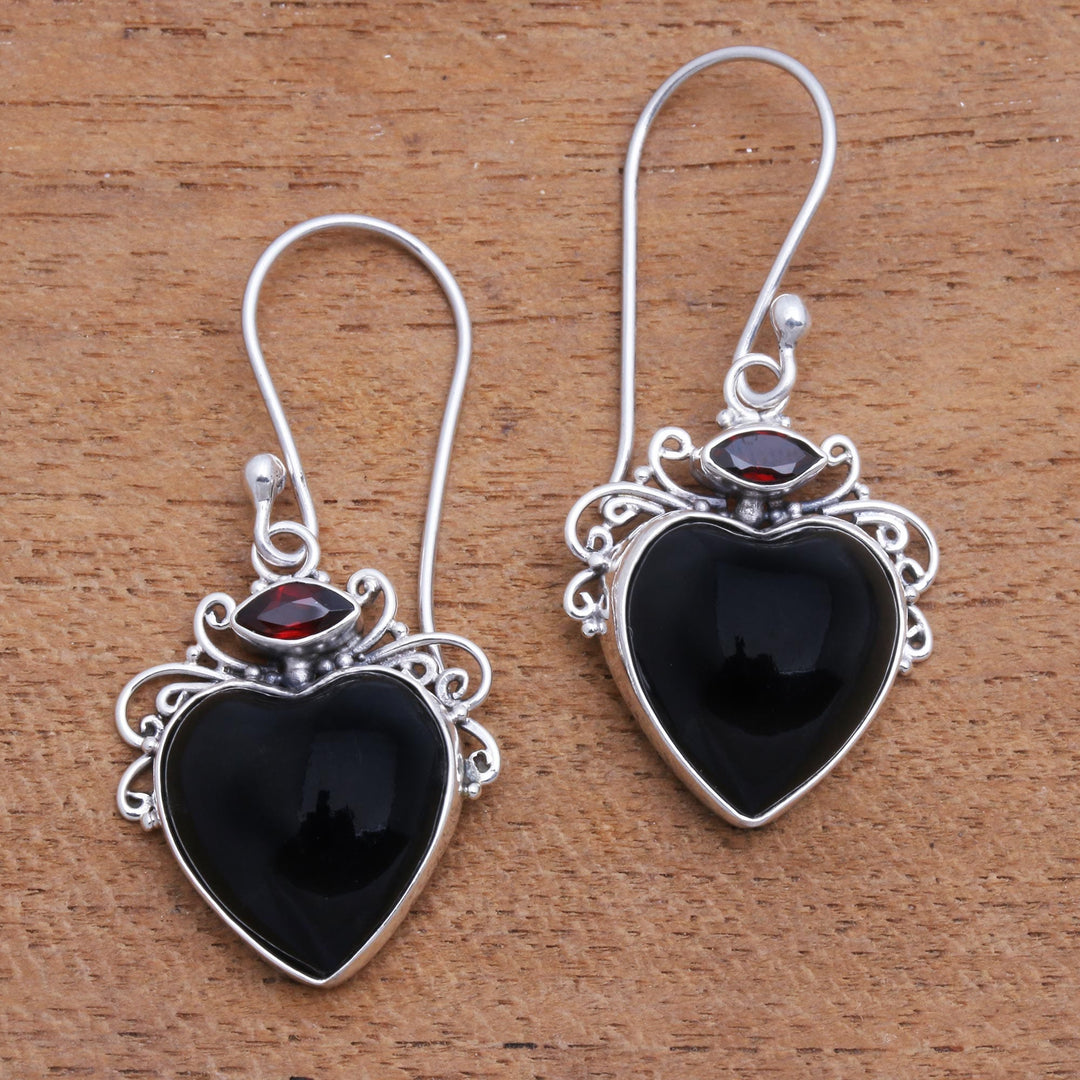 Heart-Shaped Garnet and Horn Dangle Earrings from Bali - Dark Passion