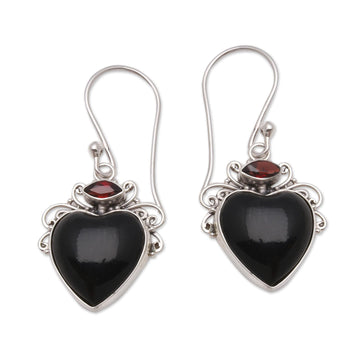 Heart-Shaped Garnet and Horn Dangle Earrings from Bali - Dark Passion