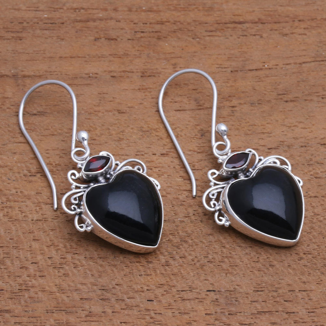 Heart-Shaped Garnet and Horn Dangle Earrings from Bali - Dark Passion