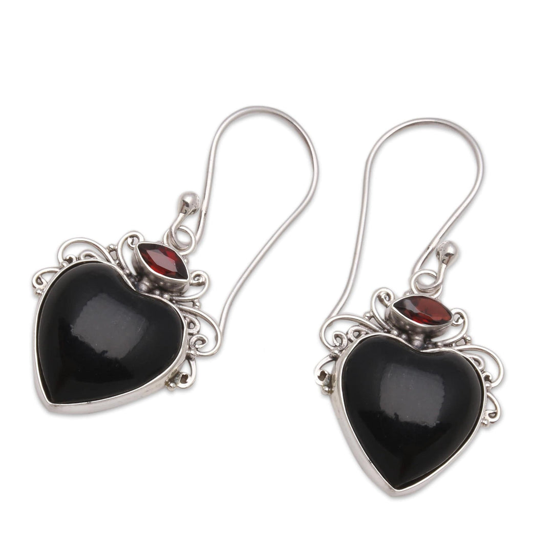 Heart-Shaped Garnet and Horn Dangle Earrings from Bali - Dark Passion
