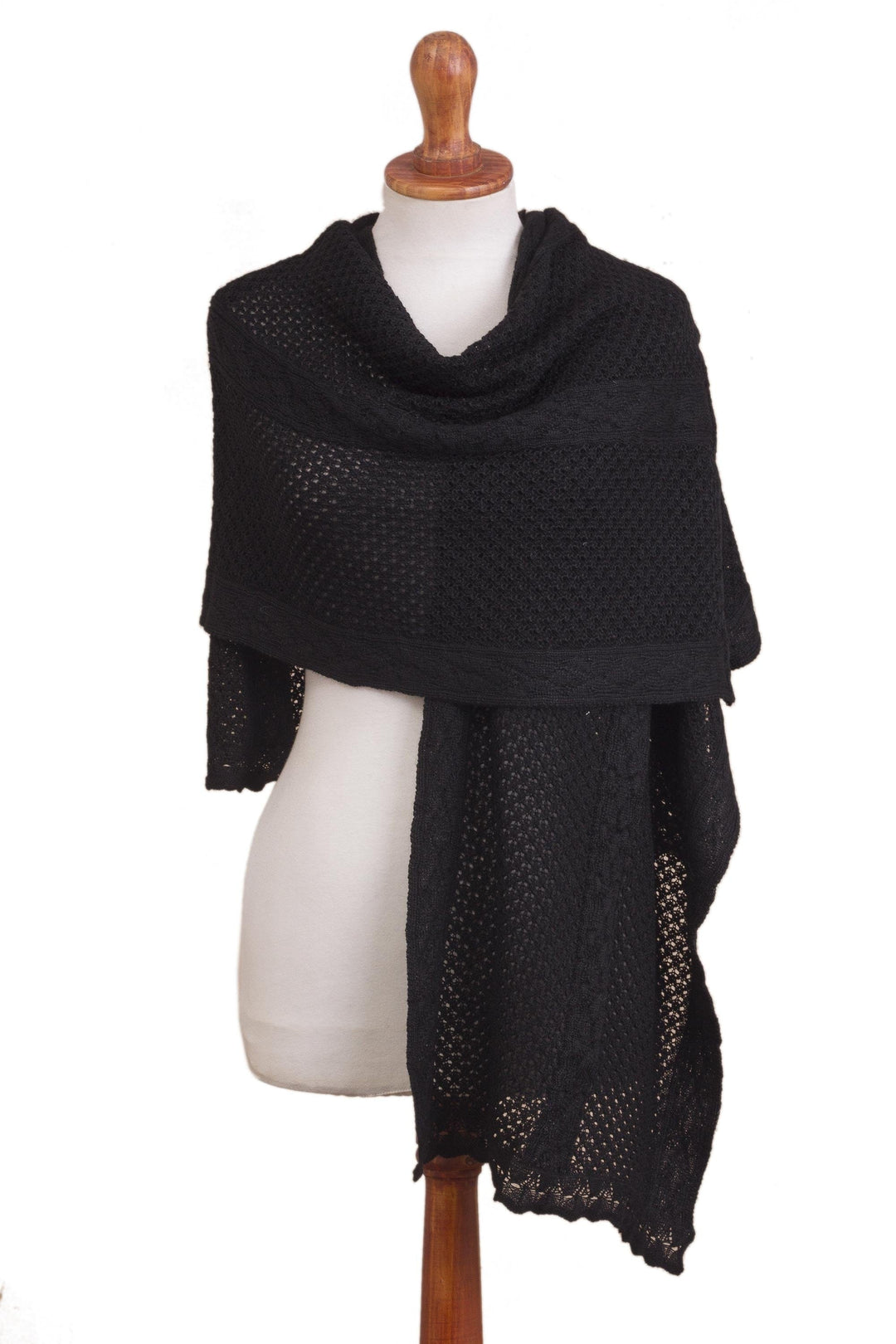 Peruvian Black Alpaca Blend Knitted Shawl - Midnight Dew
