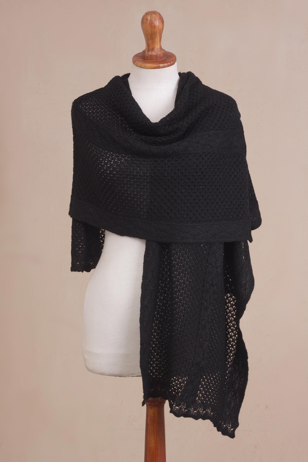 Peruvian Black Alpaca Blend Knitted Shawl - Midnight Dew