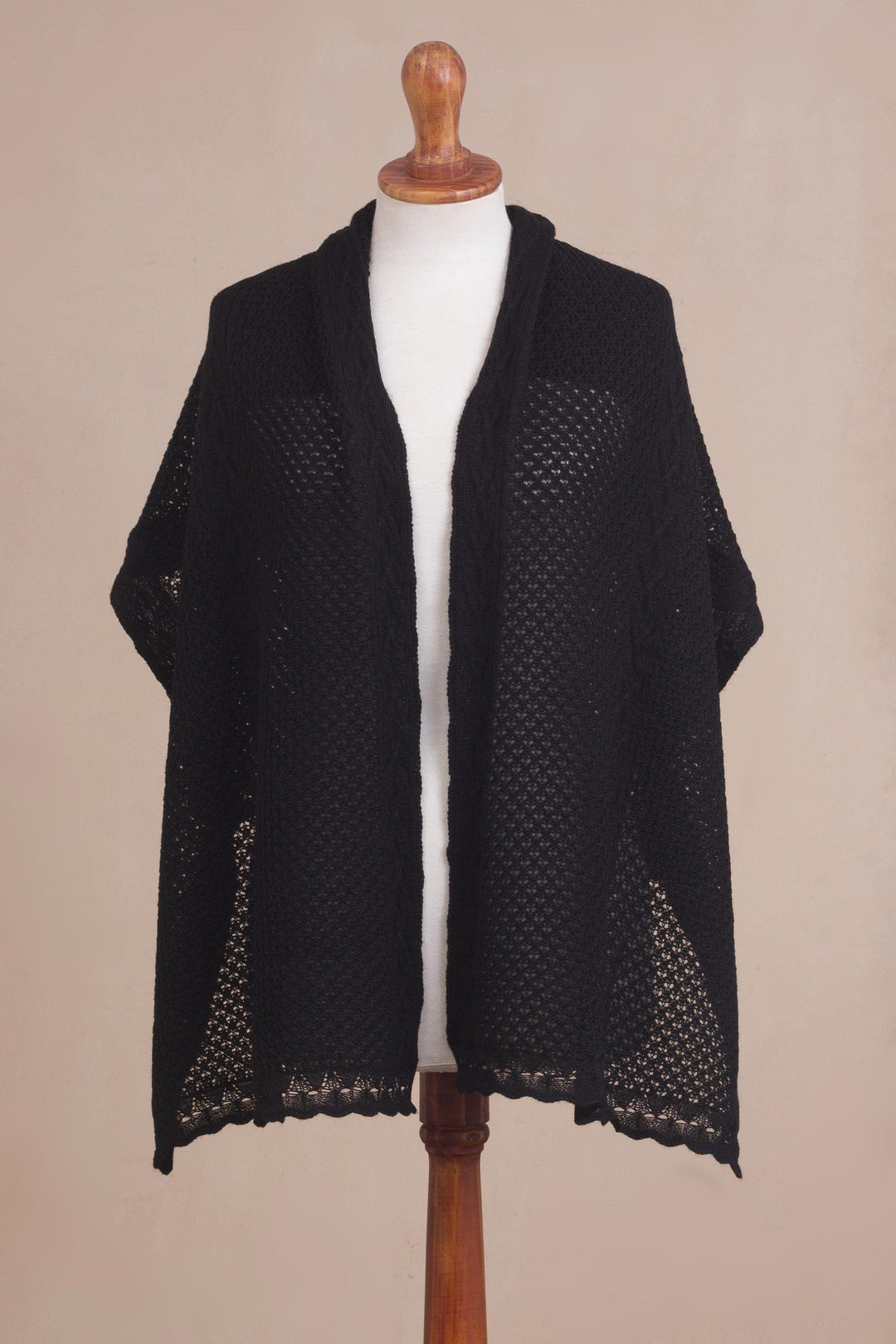 Peruvian Black Alpaca Blend Knitted Shawl - Midnight Dew
