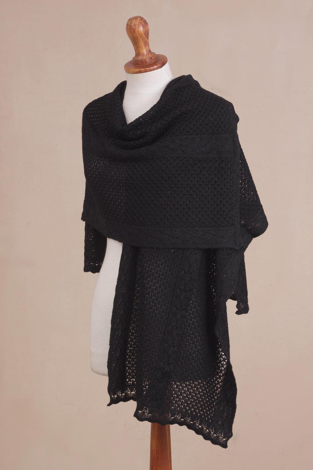 Peruvian Black Alpaca Blend Knitted Shawl - Midnight Dew