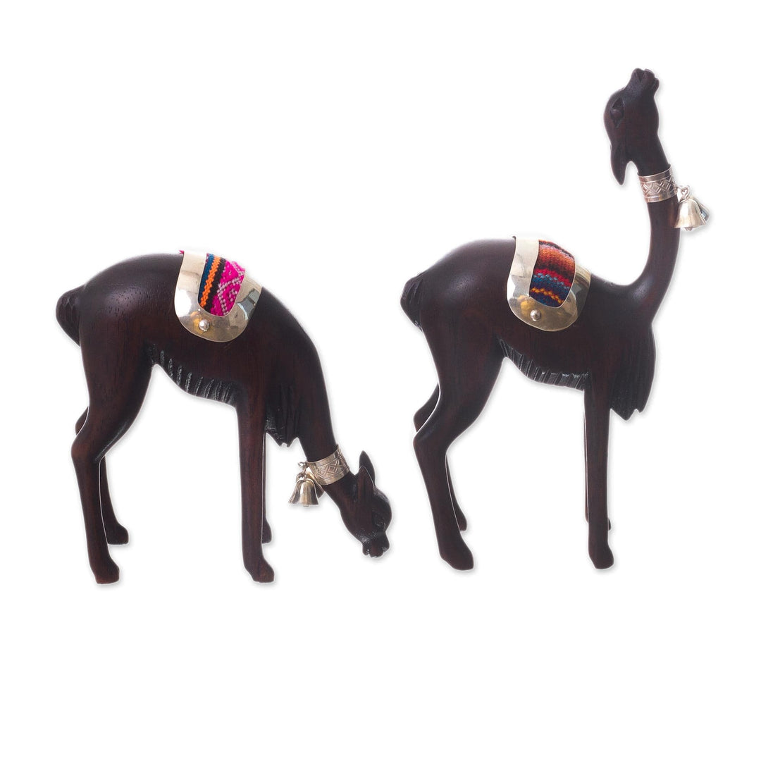 Silver and Cedar Wood Vicuña Figurines (Pair) - Elegant Vicuñas