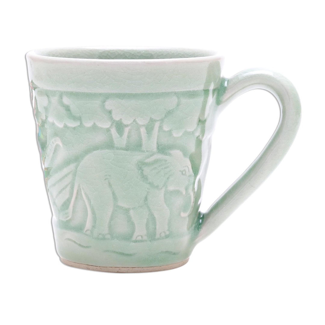 Elephant-Themed Celadon Ceramic Mug from Thailand - Elephant Forest