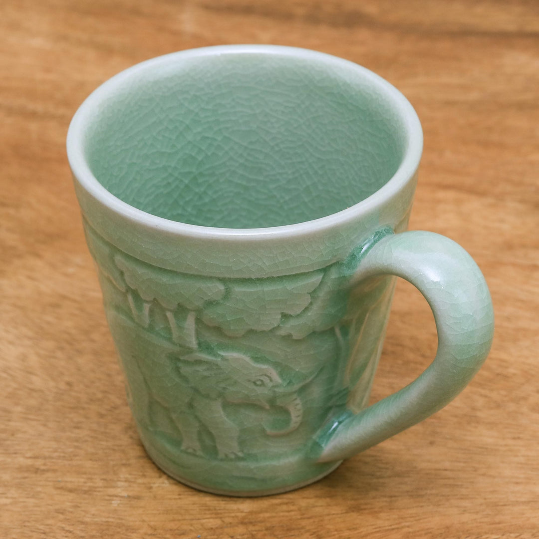 Elephant-Themed Celadon Ceramic Mug from Thailand - Elephant Forest