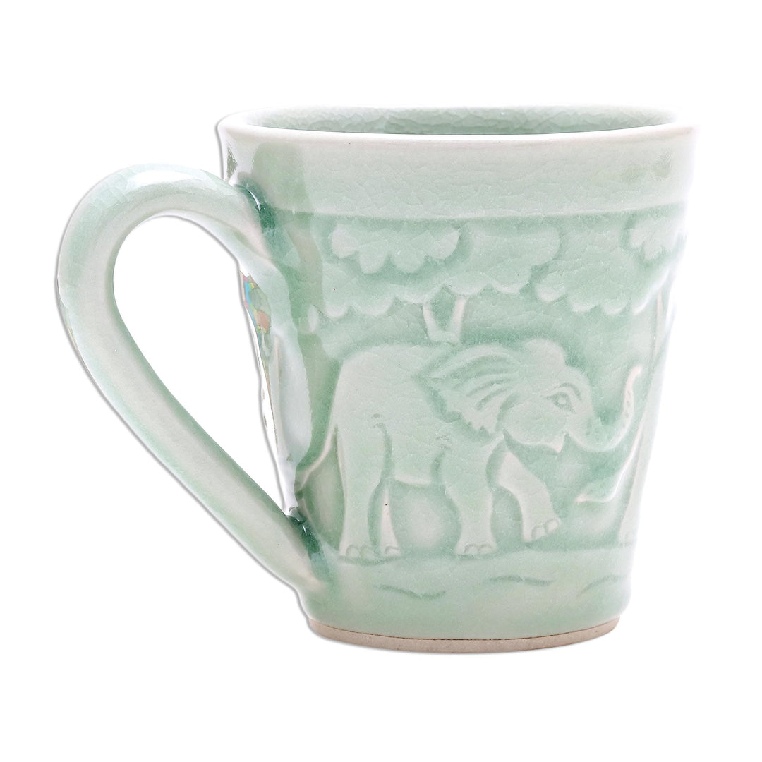 Elephant-Themed Celadon Ceramic Mug from Thailand - Elephant Forest