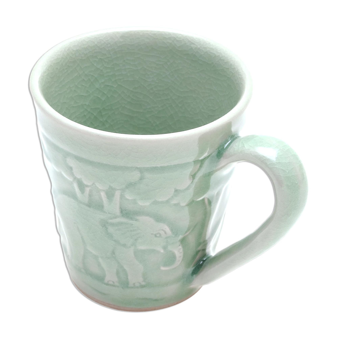 Elephant-Themed Celadon Ceramic Mug from Thailand - Elephant Forest