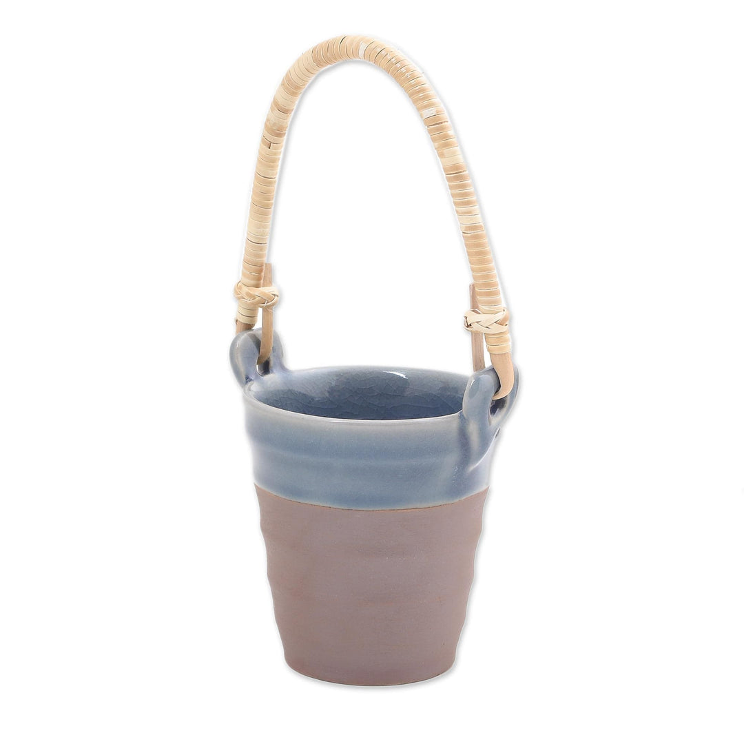 Celadon Ceramic and Natural Fiber Cup in Blue from Thailand - Picnic Mood in Blue