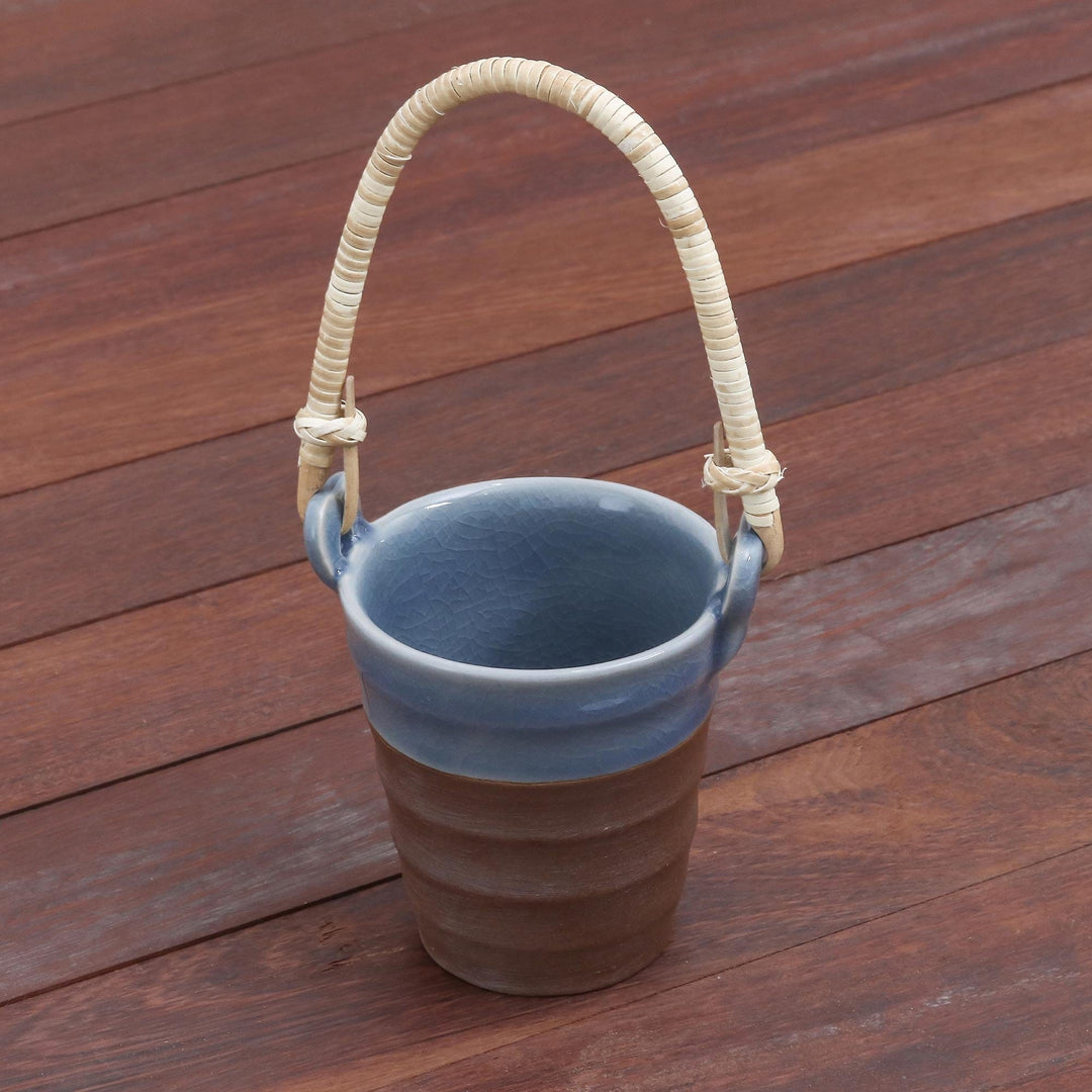 Celadon Ceramic and Natural Fiber Cup in Blue from Thailand - Picnic Mood in Blue