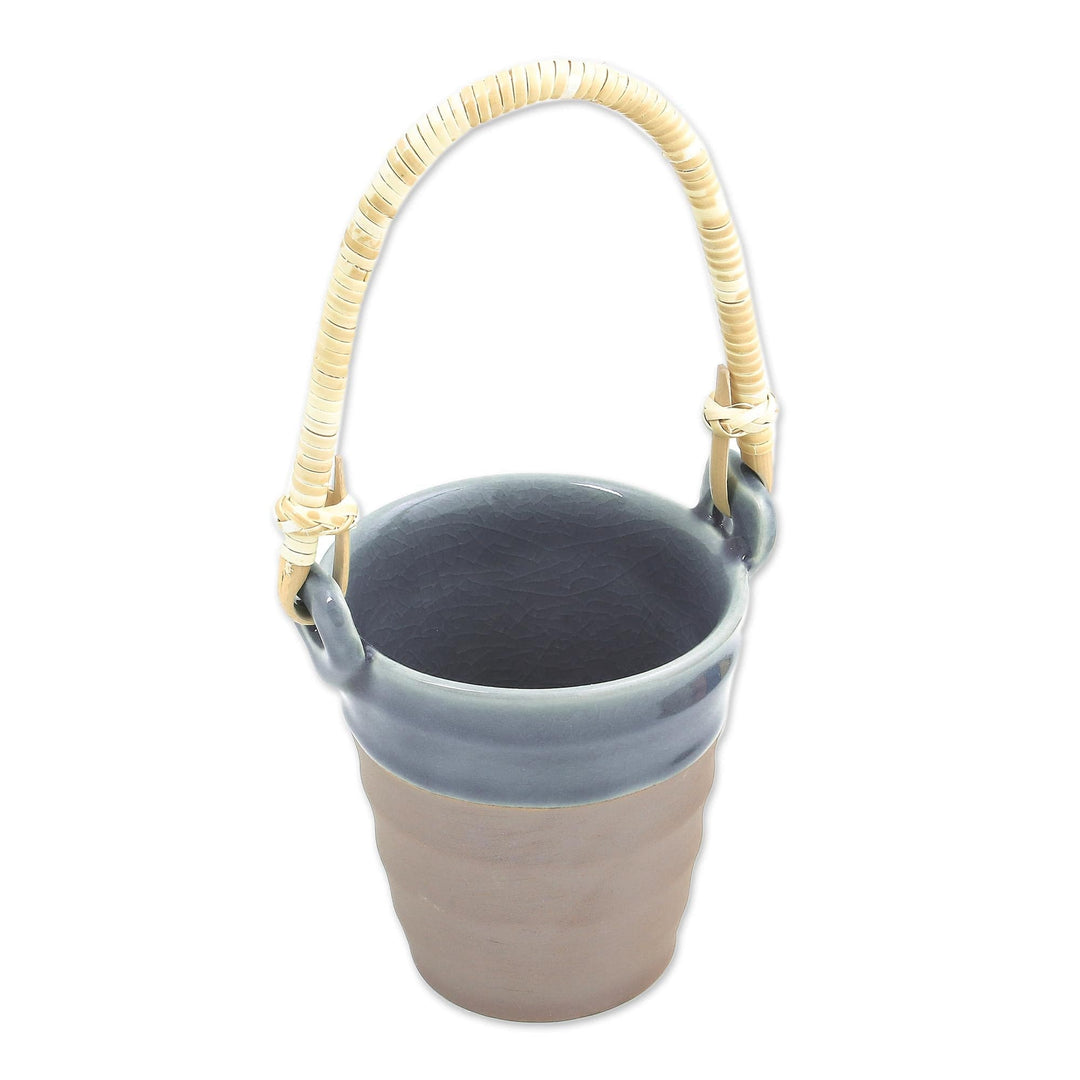 Celadon Ceramic and Natural Fiber Cup in Blue from Thailand - Picnic Mood in Blue